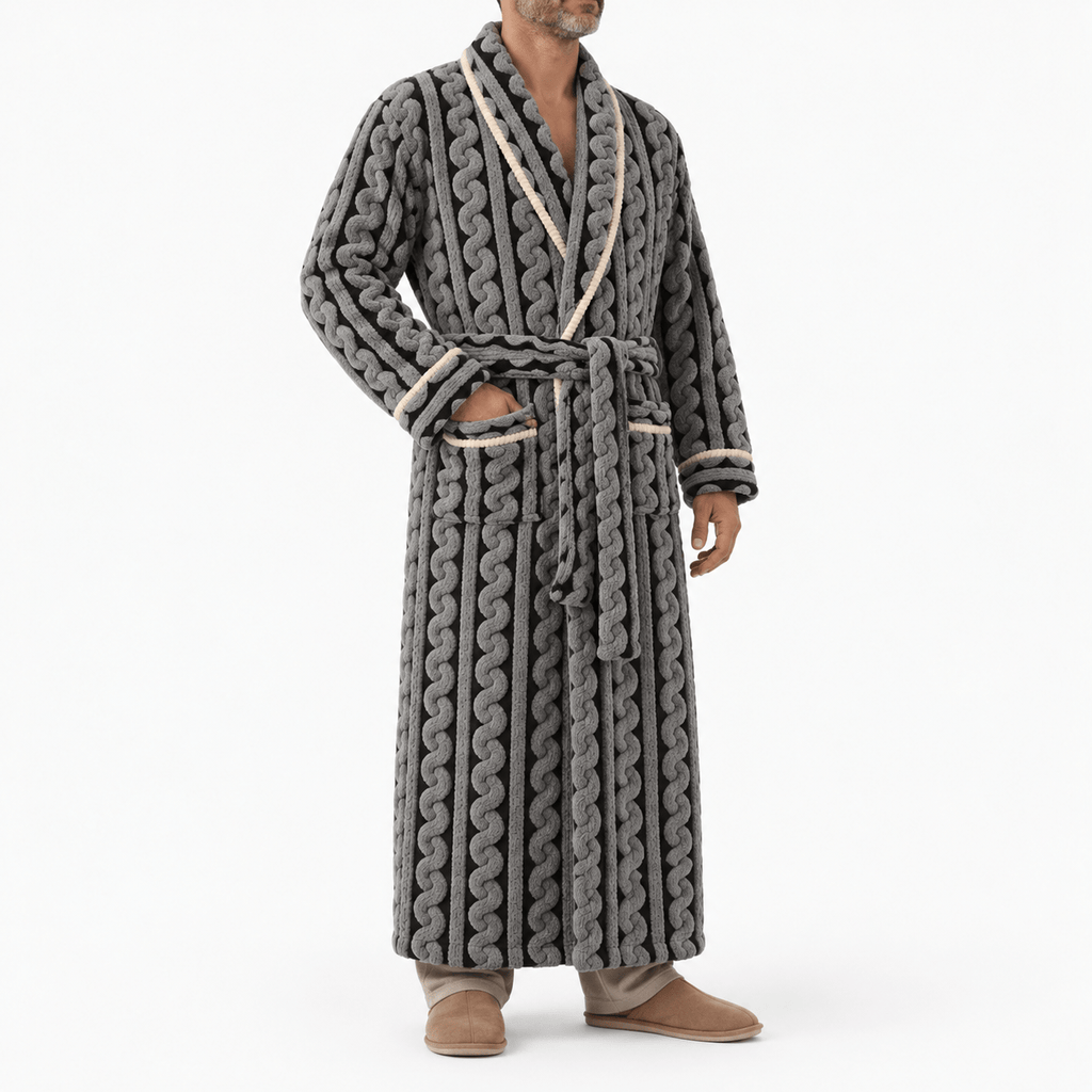 SNUG GILLY Long Black Dressing Gown Fleece Velvet Braided Pattern