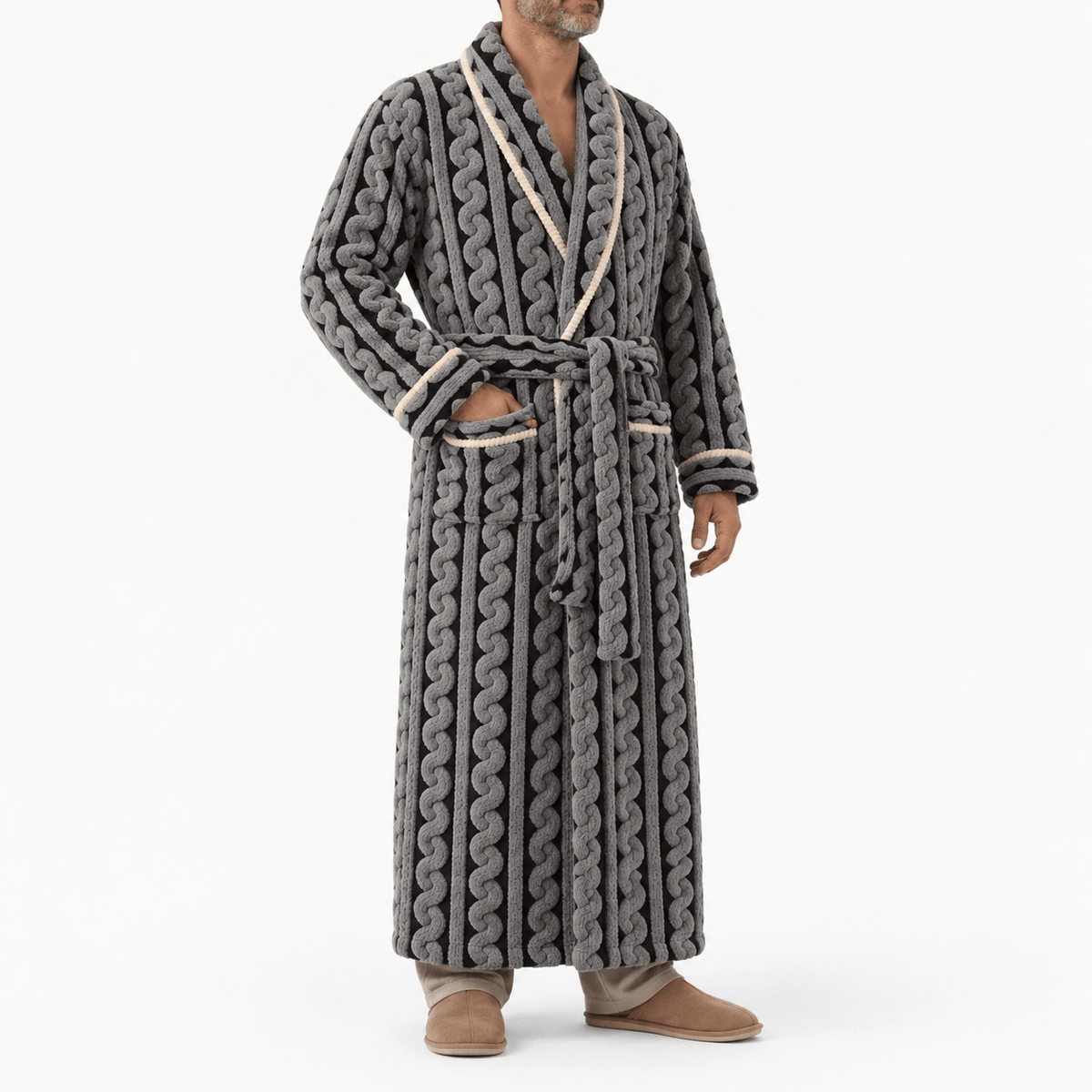SNUG GILLY Long Black Dressing Gown Fleece Velvet Braided Pattern