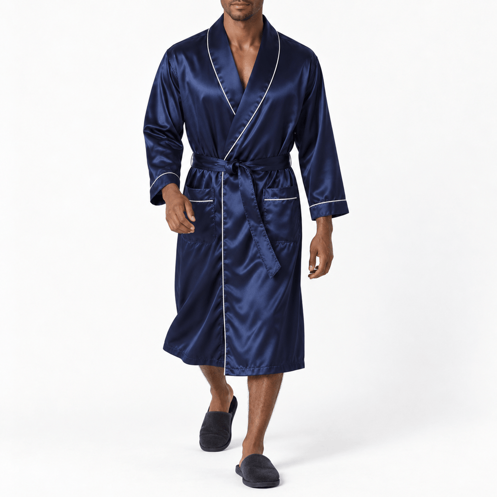 SNUG GILLY Mens Dressing Gown Long Length Satin Navy Blue