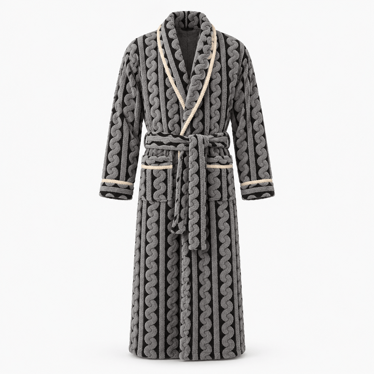 SNUG GILLY Long Black Dressing Gown Fleece Velvet Braided Pattern