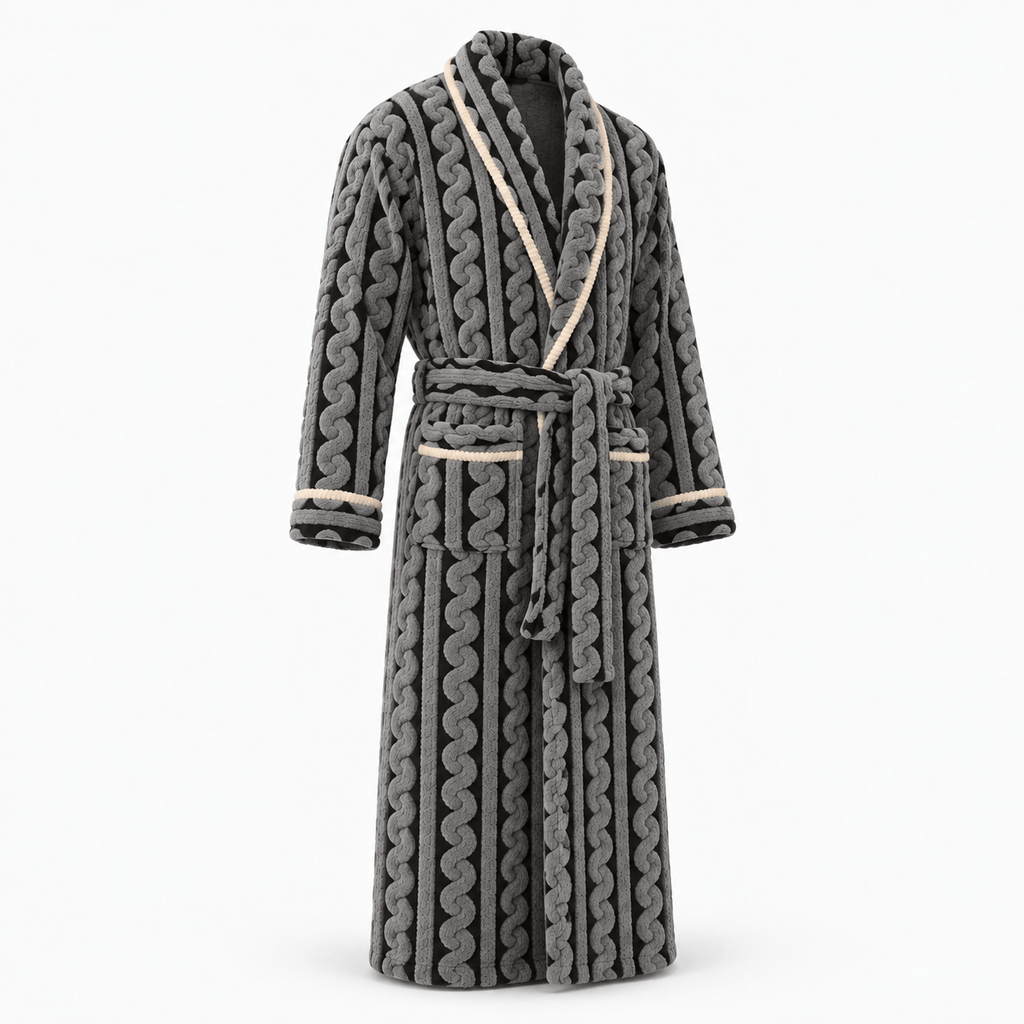 SNUG GILLY Long Black Dressing Gown Fleece Velvet Braided Pattern