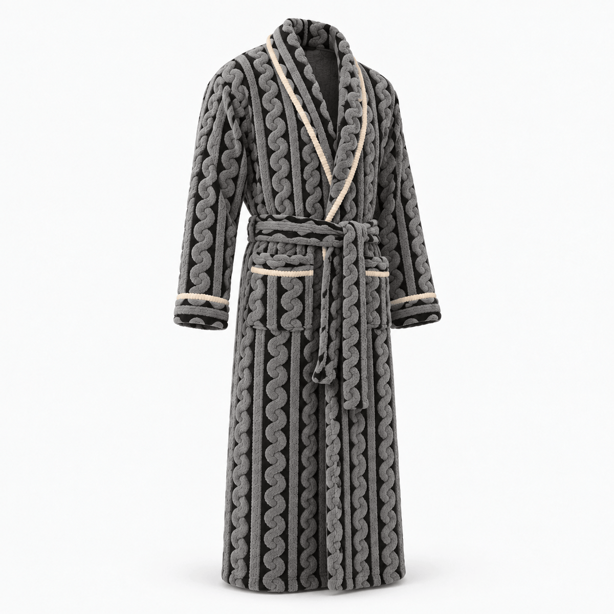 SNUG GILLY Long Black Dressing Gown Fleece Velvet Braided Pattern