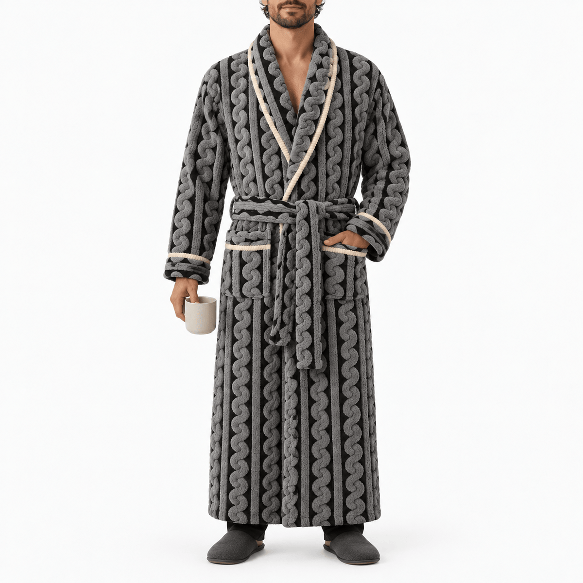 SNUG GILLY Long Black Dressing Gown Fleece Velvet Braided Pattern