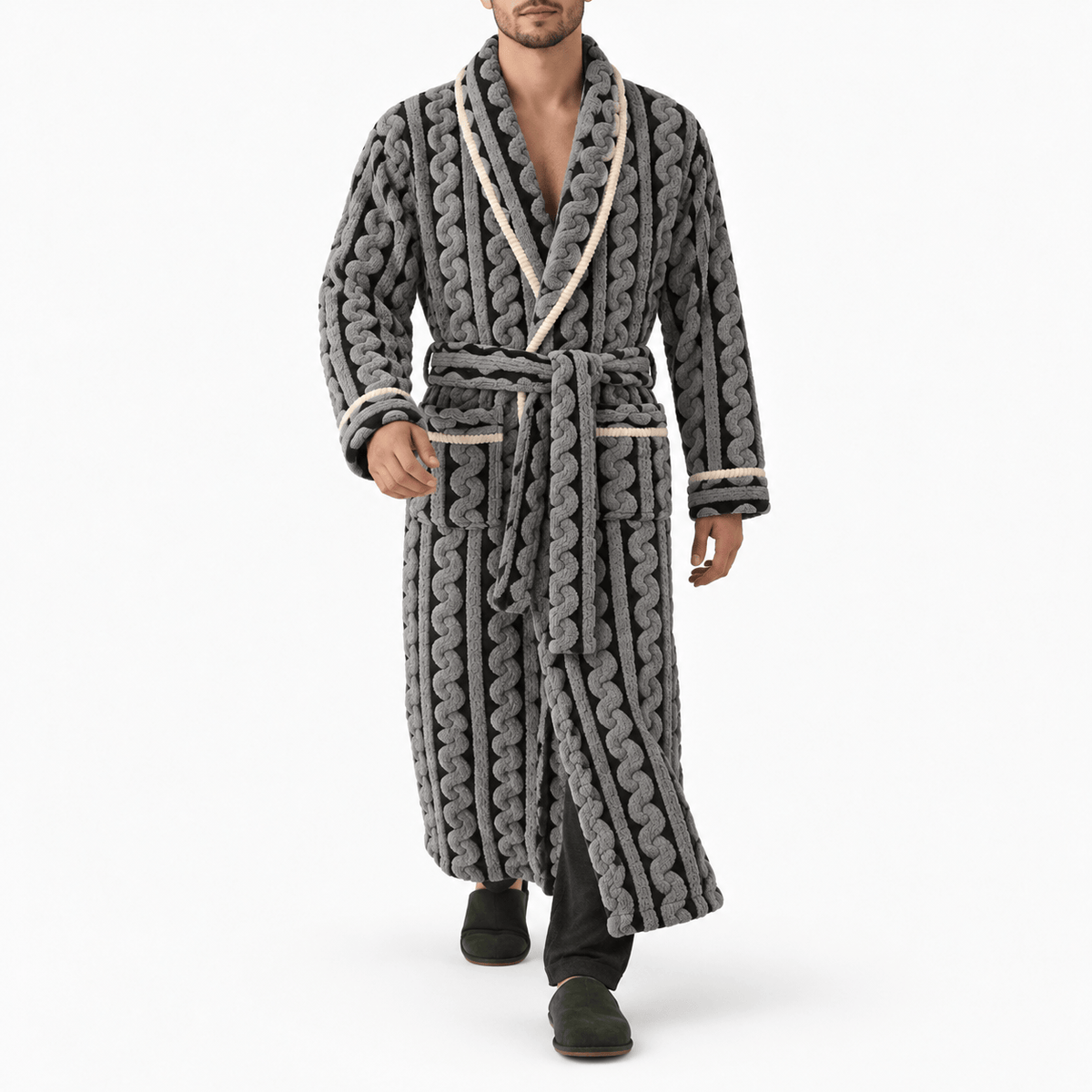 SNUG GILLY Long Black Dressing Gown Fleece Velvet Braided Pattern