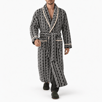 SNUG GILLY Long Black Dressing Gown Fleece Velvet Braided Pattern