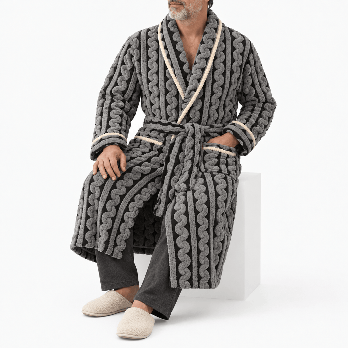 SNUG GILLY Long Black Dressing Gown Fleece Velvet Braided Pattern
