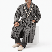 SNUG GILLY Long Black Dressing Gown Fleece Velvet Braided Pattern