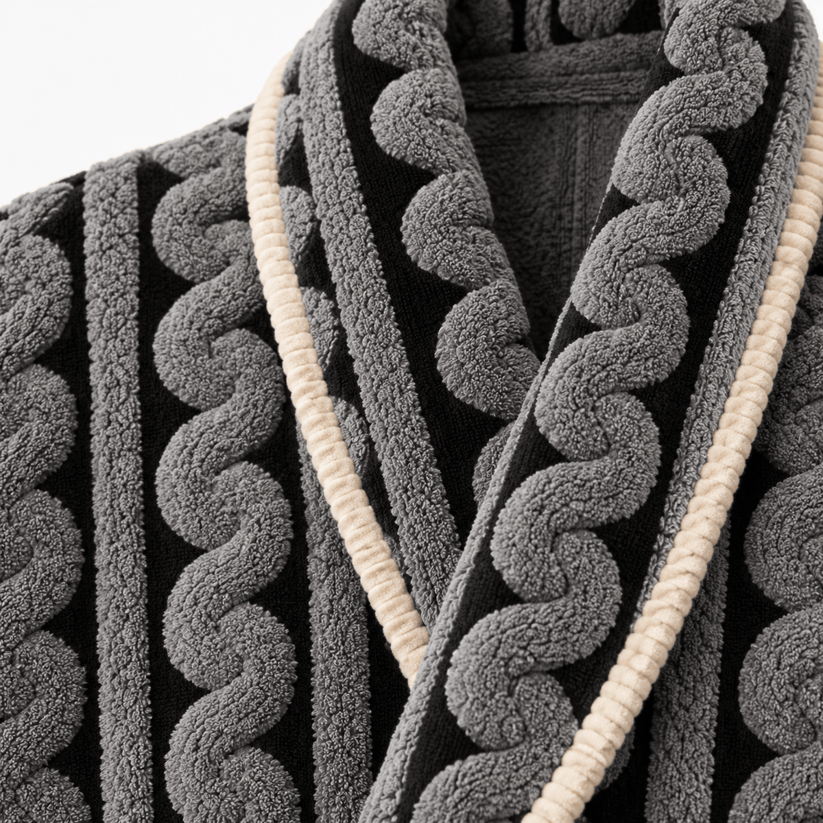 SNUG GILLY Long Black Dressing Gown Fleece Velvet Braided Pattern
