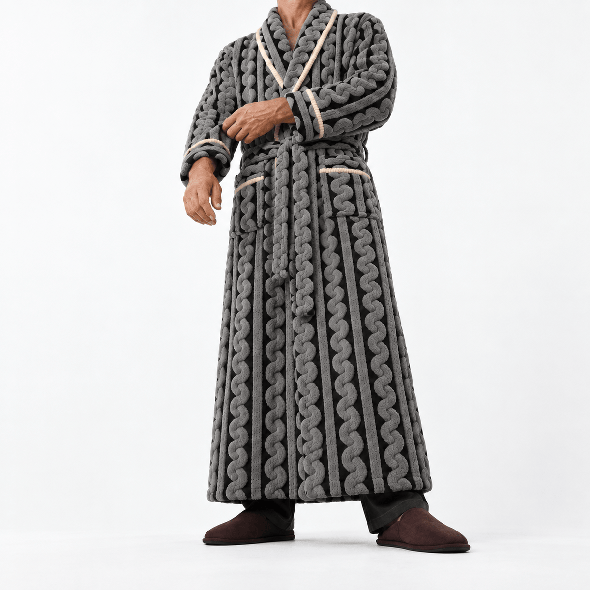 SNUG GILLY Long Black Dressing Gown Fleece Velvet Braided Pattern