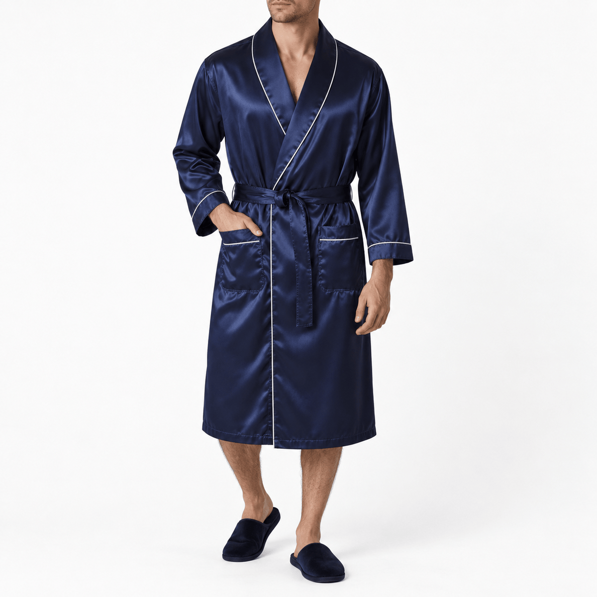 SNUG GILLY Mens Dressing Gown Long Length Satin Navy Blue