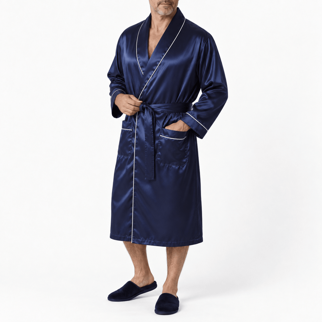SNUG GILLY Mens Dressing Gown Long Length Satin Navy Blue