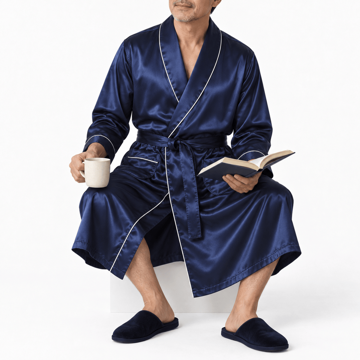 SNUG GILLY Mens Dressing Gown Long Length Satin Navy Blue