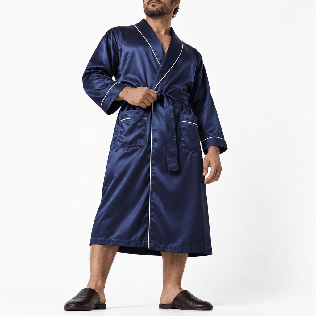 SNUG GILLY Mens Dressing Gown Long Length Satin Navy Blue