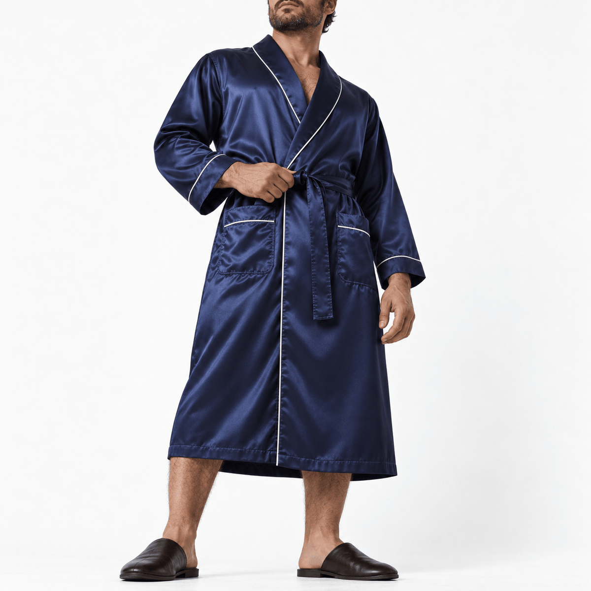 SNUG GILLY Mens Dressing Gown Long Length Satin Navy Blue